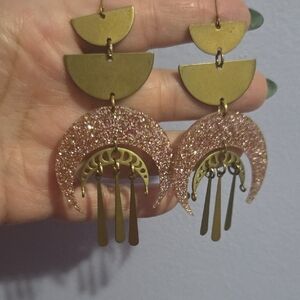 Gold and Pink Crescent Dangle Earrings